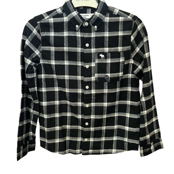 Abercrombie Kids Boys Flannel Button Down Shirt 11/12 Plaid Black Multi Casual - Picture 1 of 7